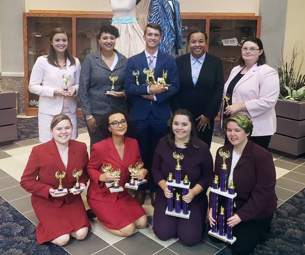 McKendree University speech team members competing at Derryberry Memorial Tournament at Southwest Baptist University were (kneeling), Kate Maag, Aliyah Smith, Rebecca Postula and Taylor Roth; standing, Isa Scaturro, Lyndellia Mannie, Andrew Wagner, Kelsey Fann and Rachael Hooven.