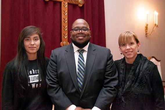 Photo of cKendree University MLK Humanitarian Award recipients, Diana Nevarez '17, Courtney Logan '08 and Dr. Ann Collins