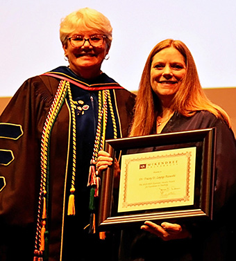 Associate Faculty Awards for Excellence in Teaching went to part-time instructors Dr. Tracey Layng-Awasthi, who teaches writing and literature and helps prepare future English teachers; and Antonio (Tony) Emanuel (not pictured), who teaches accounting and corporate finance courses online in the MBA program.