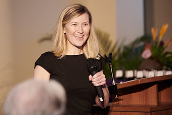 Dr. Mickey Schutzenhofer ’03, associate professor of biology and chair of the Division of Science and Mathematics, spoke about “Bee-utiful Interactions.”