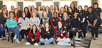 Clionians reunited to celebrate their 150th anniversary in 1828 Cafe. Pictured first row, l. to r.: Marlen Mendez Garcia, Alyssa Coats, and Mekeala Deguire. Second row, l. to r.: Hilary (Czosynka) Heins ’95, Logyn Norris ’18, Nancy (Lilley) Cox ’16, Mary (Reinhardt Philip) ’66, Kiara Chapman, Danielle (Larson) Durkin ’11, and DeLisa (Sonaram) Jones ’02. Third row, l. to r.: Hannah McCollum ’18, Ambroyca Burge ’16, Lisa (Vaught) Nelson ’96, Brittany Copple ’16, Tiffany Somerville ’15, Natasha Schellingburger, Beylee Stone, Emily Lease, and Tyana Williams. Last row, l. to r.: Megan (Schmid) Smith ’16, Cathy (Luekenhaus) Rohrbacker ’94, Cheryl Ahrens ’94, Morgan Meade ’16, Cati Cronin ’19, Natalie Britton ’17, MBA ’19, Janice Arens ’96, Kelly (Holland) Marrs ’93, Julia (Surdyke) Hunt ’16, Carliann Huelsmann ’17, Holly Kainz ’19, Claire Jennings, and Kara Grafton.