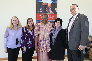 The Reverend Beverly L. Wilkes-Null received a warm welcome into the Bearcat family on Founders’ Day. Pictured from left to right are Dr. Joni Bastian, vice president for student affairs; Dr. Tami Eggleston, provost; Rev. Beverly L. Wilkes-Null, university chaplain; Mickey (Macaluso) Dobbins ’81; and President Daniel C. Dobbins ’81.